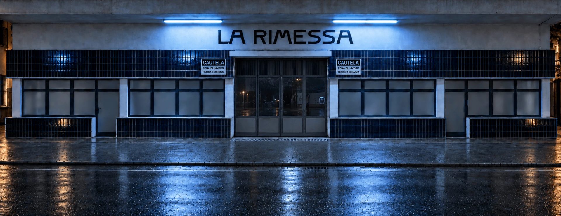 La Rimessa in Meina at night, the illuminated facade with its glass doors. Private car storage on Lake Maggiore.